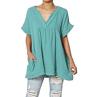 TheMogan Women's Casual Loose Short Sleeve V Neck Cotton Gauze Babydoll Shirt Blouse Top Tunic