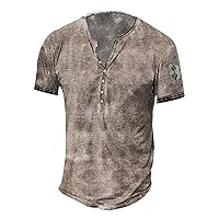Henley Shirts for Men,Mens Distressed Shirts Retro Short Sleeve Tee Shirts Casual Button Down Washed T-Shirts