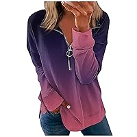 Womens Gradient Fashion Sweatshirts Casual Long Sleeve Pullover Quarter Zip Loose Fit Tops Office Workout Clothes