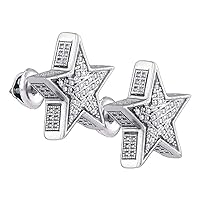 Sterling Silver Mens Round Diamond 3D Star Stud Earrings 1/8 Cttw