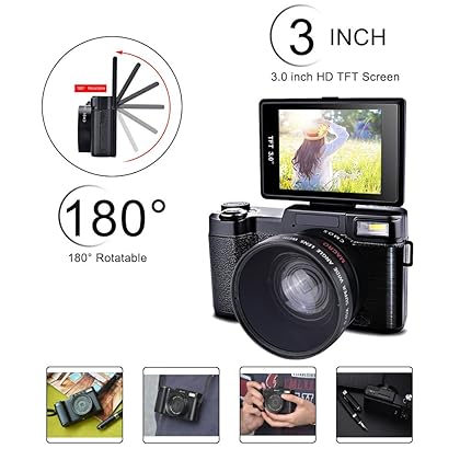 SEREE HD Digital Camera Camcorder Full HD 1080p 24.0 Megapixels 4x Digital Zoom 3 Inch LCD Screen Flashlight … (black1)