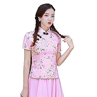 Cheongsam Shirts Elegant Classic Woman Qipao Tops Chinese Style Cherry Blossoms Print Blouse Summer Slim Short Sleeve