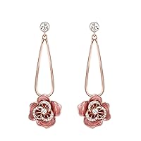 Jewelry Rose Gold Color Pink Flower Long Dangle Earrings for Woman Rhinestone Bloom Drop Earrings Party Accessories