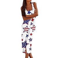 American Flag Dresses for Women Casual Sleeveless Tank Midi Dresses U Neck Bodycon Print Shirt Dress