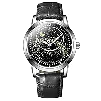 Mens Automatic Watch Self Winding Leather Strap Starry Sky Dial Luminous Waterproof Wrist Watch for Men Black Blue