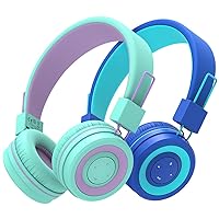 iClever [2 Pack BTH02 Kids Wireless Headphones - Online Schooling Headphones for Kids with MIC, Volume Control Adjustable Headband - Children Headsets for School iPad Tablet Airplane PC, Green/Blue