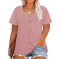 RITERA Plus Size Tops for Women Crewneck/V Neck Button Up Short Sleeve Embroidery 5X Henley Tshirt Casual Blouse XL-5XL