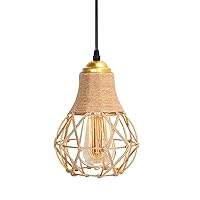 Woven Plug in Pendant Light Hanging Lamp Gold Farmhouse Hanging Lights with Switch & 16.4ft Cord Wicker Hanging Lamp for Kitchen Island Bedroom Sink Living Room