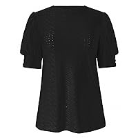 Black Womens Blouses and Tops Dressy Ladies Summer Solid Crew Neck Cutout Button Short Sleeve Casual Top Women