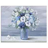 Blue Flower Vase Wall Decor Vintage Floral Vase Wall Art Blue White Blossom Canvas Painting Blue Ocean Flower Art Prints Flower Wall Art Kitchen Bedroom Living Room Wall Decor 20X16 Inch Unframed