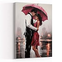 romantic wall art,red bathroom accessories,romantic wall art,painting of a woman and a man in love with a big umbrella,in the style of gray and dark crimson,8''x12'' Framed Modern Canvas Wall Art