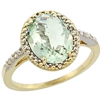 10K Yellow Gold Diamond Natural Green Amethyst Engagement Ring Oval 10x8mm, sizes 5-10