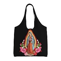 Virgen De Guadalupe Virgin Mary Flowers Canvas Shoulder Tote Bags Reusable Handbags Shopping Bag For Daily Women Or Men