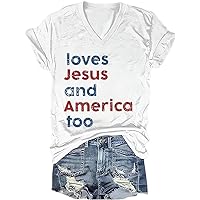 Woxlica Loves Jesus and America Too Shirt Womens Patriotic Tops 4th of July Shirts Graphic Tee