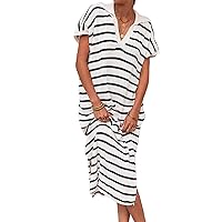 Saodimallsu Womens Striped Summer Dresses Short Sleeve V Neck Knit Collared Sexy Slit Loose Maxi Sweater Dress