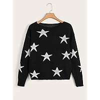 Star Pattern Drop Shoulder Sweater (Color : Black, Size : Medium)