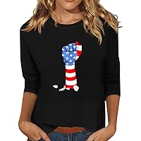 July 4th Clothes for Women Plus Size 3/4 Sleeve Tops American Flag Shirts Summer Casual Tunics Loose Fit Tee Blouse