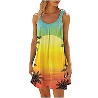 2024 Pleated Front Sundress Funny Print Summer Mini Dress Flowy Casual Sleeveless Tank Beach Dresses for Vacation