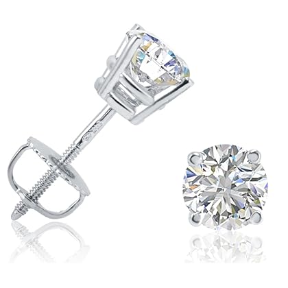 AGS Certified 1ct TW Round REAL Diamond Solitaire Stud Earrings in REAL 14K Yellow Gold or 14K White Gold with Screw Backs
