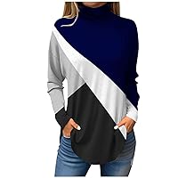 Womens Long Sleeve Top Trendy High Neck Blouses Dressy Casual Color Block Vintage Shirt Plus Size Winter Clothes