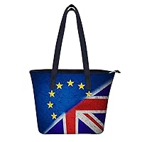 Blue European Union EU Flag Grunge Broken Wall Half Great Britain Flag Women's Fashion Tote Handbags Leather Shoulder Bag Purse