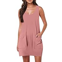 Sundress for Teens Beach Dress for Women 2024 Solid Color Classic Simple Loose Casual with Sleeveless Round Neck Pockets Dresses Pink XX-Large