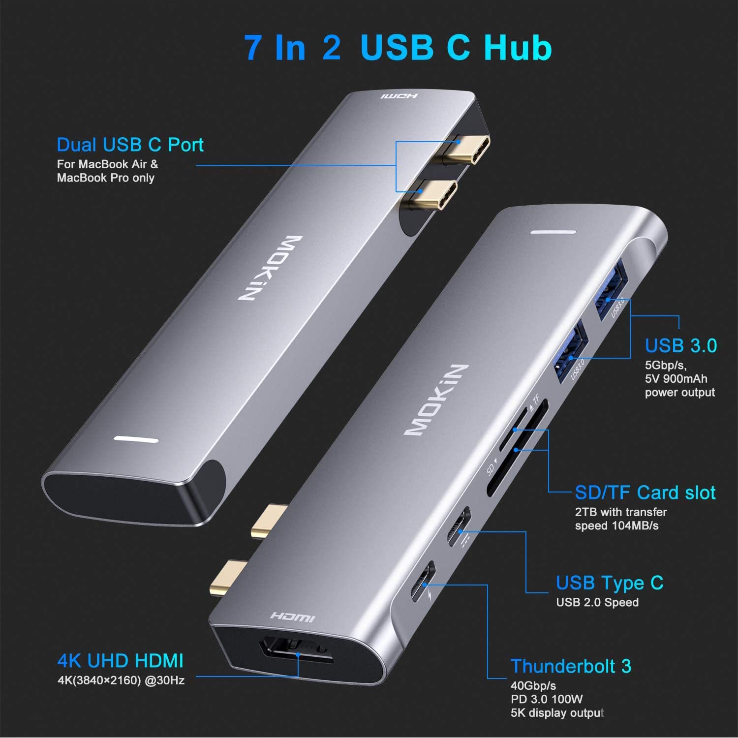 USB C Adapter for MacBook Pro 2022 2021 2020, MacBook Pro USB Adapter, 7 in 2 MacBook Pro Accessories for MacBook Pro/Air M1M2, Mac Dongle with 4K HDMI, 2 USB 3.0, TF/SD, USB-C 100W and Thunderbolt 3