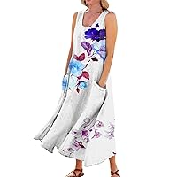 All Linen Dresses Summer Dresses for Women 2024 Print Elegant Casual Loose Fit Trendy with Sleeveless U Neck Maxi Flowy Dress White Medium