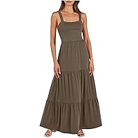 Sundress for Women Sundresses for Women 2024 Solid Color Classic Simple Sexy Backless Loose with Sleeveless Ruched Dresses Coffee Small
