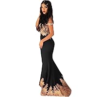 Women's Off The Shoulder Mermaid Prom Dress Gold Lace Applique Formal Evening Gowns