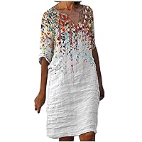 3/4 Sleeve Linen Dress for Women Summer Vintage Oil Painting Floral Printed Casual Sundress Notch V Neck Knee Length Dress