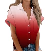 Hem Winter Travel T Shirts Ladie's Short Sleeve Beautiful V Neck Button Tops Women Comfy Polyester Gradient Red L