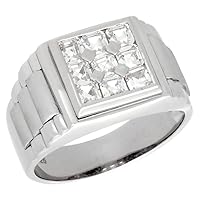 Mens Sterling Silver Rolex Style Ring 9 Square Invisible Set Cubic Zirconia Stones 1/2 inch wide, sizes 9-12