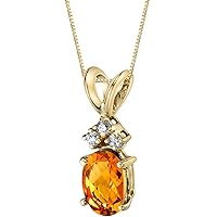 PEORA Solid 14K Yellow Gold Citrine with Diamonds Pendant, Genuine Gemstone Birthstone Dainty Solitaire, Oval Shape, 7x5mm