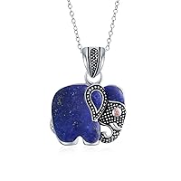Bling Jewelry Boho Bali Indonesian Lapis Simulated Jade Turquoise Inlay Gemstone Elephant Pendant Necklace For Women .925 Sterling Silver