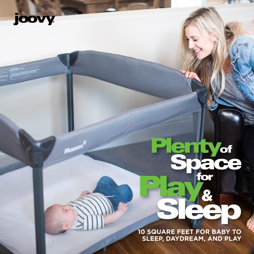 Joovy Room² Large Portable Playpen for Babies and Toddlers with Nearly 10 sq ft of Space, Large Mesh Windows for 360 View, and Waterproof Mattress Sheet - Folds Easily when Not in Use (Black)