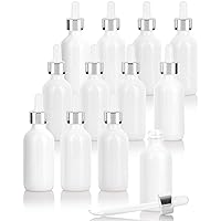 JUVITUS 2 oz High Shine Gloss White Glass Boston Round Bottle with Silver Metal and Glass Dropper (12 Pack)