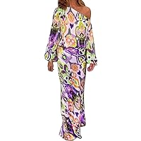 Maxi Summer Dresses for Women 2024 Vacation Trendy, Ladies Loose Printed Long Sleeve Off Shoulder Top Half BOD