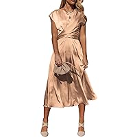 PRETTYGARDEN Women's 2024 Summer Satin Midi Dress Cap Sleeve Tie Waist Elegant A-Line Flowy Dresses
