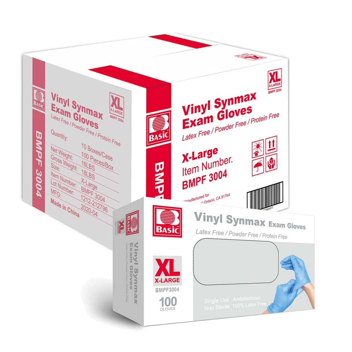 Basic Medical Synmax Vinyl Exam Gloves - Latex-Free & Powder-Free - X-Large, BMPF-3004(Case of 1,000)