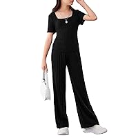 Floerns Girl's 2 Piece Outfit Solid Ribbed Knit Square Neck Short Sleeve T Shirt and Wide Leg Pants Set