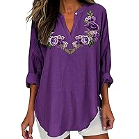 Women's Fashion V Neck Long Sleeved Purple Floral Printed Top Girl Summer Top