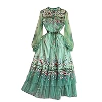 Summer Flower Embroidery Mesh Dress Women Stand Collar Long Sleeve Vintage Tulle Party Vestidos