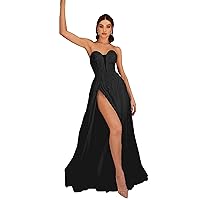 Elegant A-line Tulle Prom Dresses Sexy V Neck Sequin Applique Evening Dresses with High Split