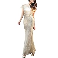 Flygo Women's Elegant Short Sleeve Sparkling Sequin Prom Bridesmaid Maxi Long Dress