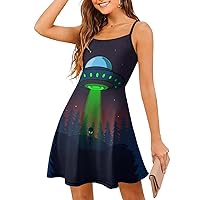 Alien UFO at Night Summer Spaghetti Strap Mini Dresses for Women Sleeveless Dress Tank Backless Beach A Line Skirt