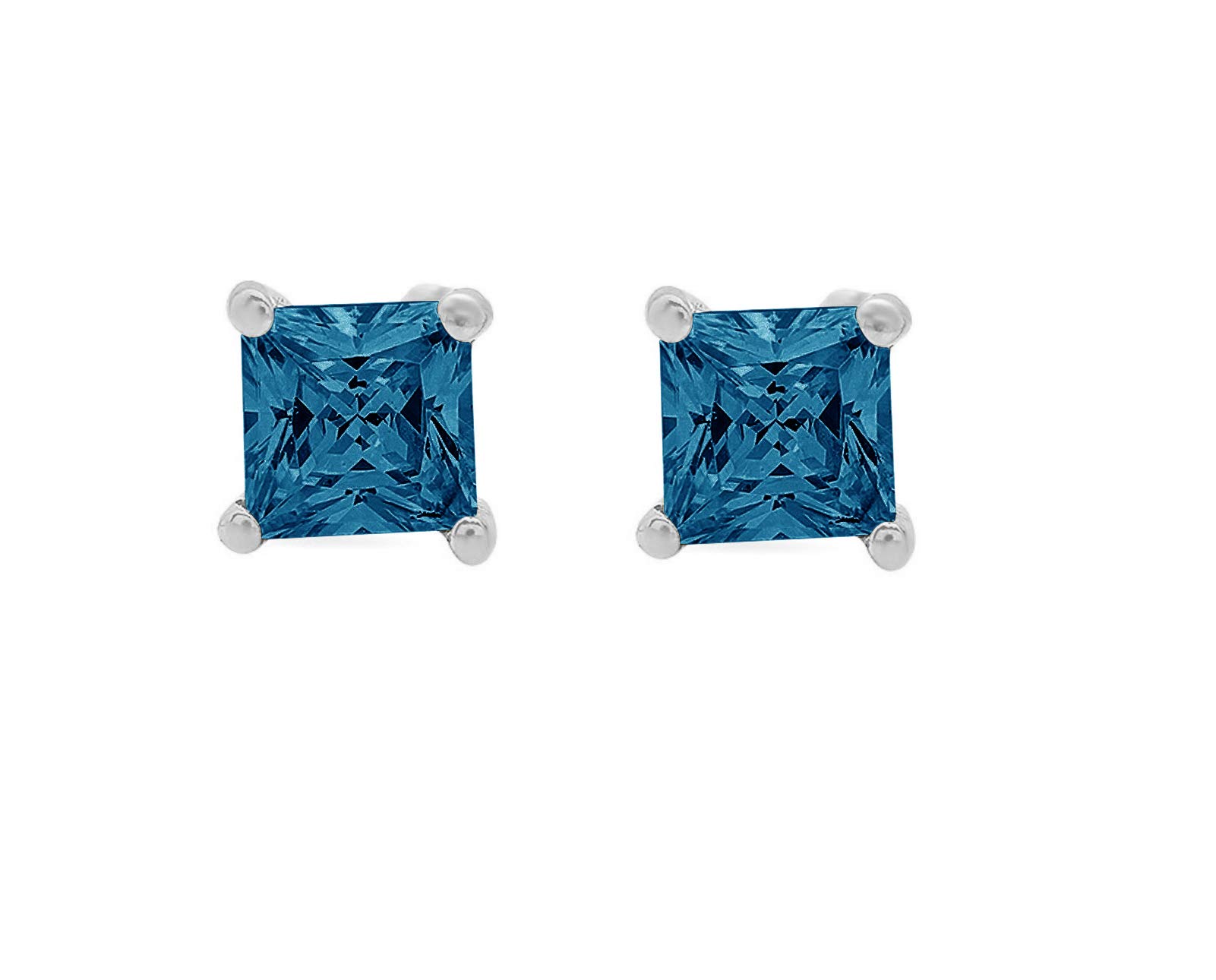 0.5 ct Princess Cut ideal VVS1 Conflict Free Gemstone Solitaire Natural London Blue Topaz gemstone Designer Stud Earrings Solid 14k White Gold Screw Back