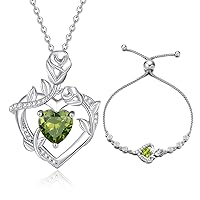 August Birthstone Jewelry Peridot Necklace Bracelet for Women Sterling Silver CZ Rose Flower Heart Pendant Mothers Day Gifts for Mom Anniversary Birthday Gifts for Girls Her