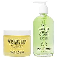 Youth To The People Double Cleansing Bundle - Superfood Cleanser (8oz) + Superberry Dream Cleansing Balm (3.4oz) - Face Wash, Makeup Remover Balm Two Product Set - Vegan Skincare