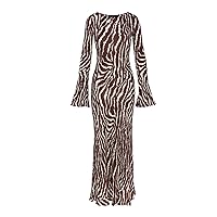 Elegant Formal Fall Winter Zebra Print Dress for Women Trendy Long Sleeve Smocked Maxi Dress Sexy Bodycon Long Dress